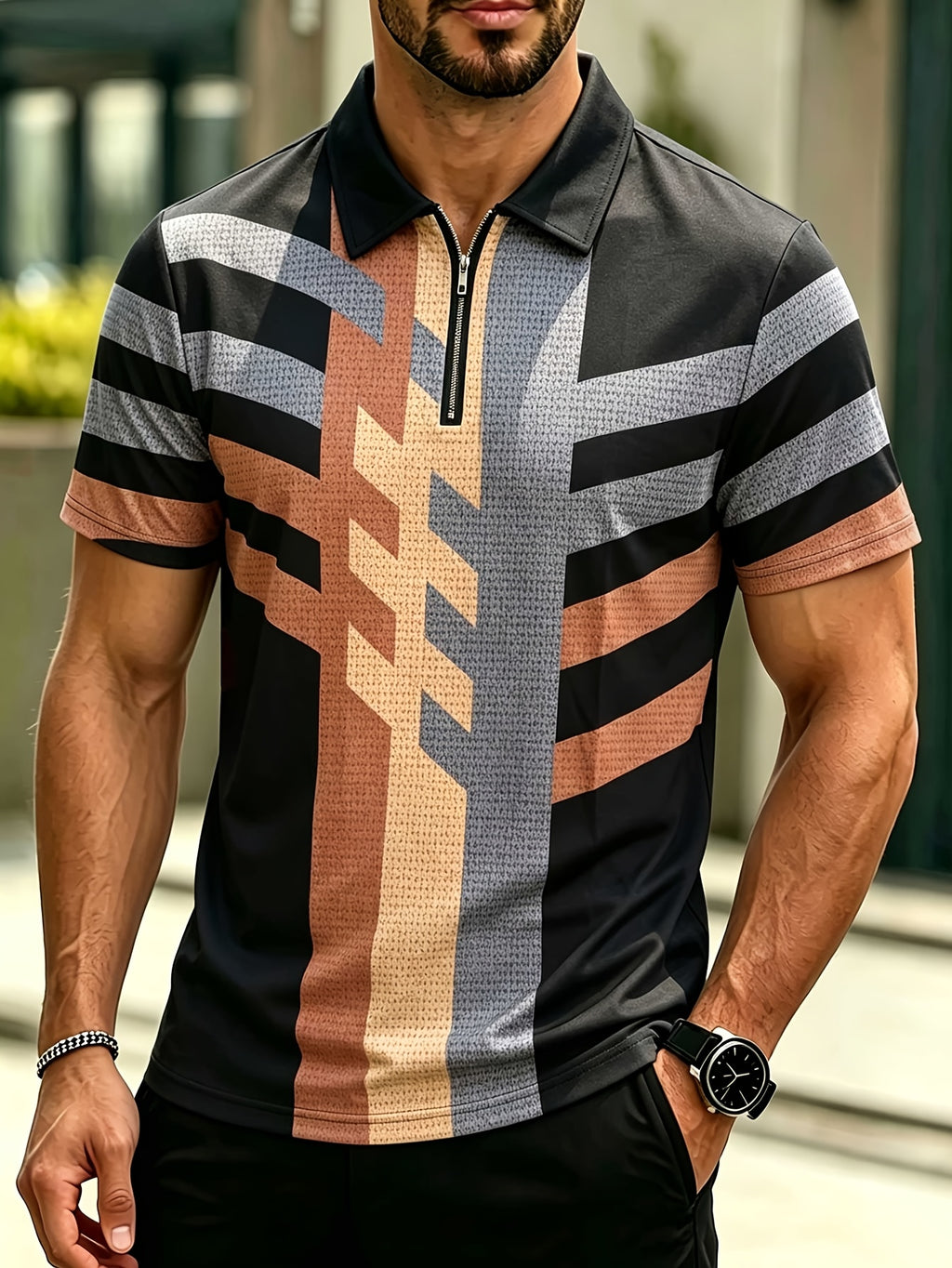 Men'S Retro Color-Block Striped Half-Zip Polo Shirt, Light Luxury Business Casual Short Sleeve Top, Wrinkle-Resistant Breathable Quick-Dry Multi-Scene Wear, Spring Summer Daily Commute, City Outing, Golf Outdoor Sports, Short Trip Vacation - Mixed colors