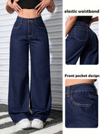 Women's Wide- Beltless Mid-Rise Denim Pants - No-Stretch Built-In Zipper Full-Length Wide Pants Suitable for Casual & Dressy Wear, Machine Washable Solid Color Denim Trousers - Medium Blue