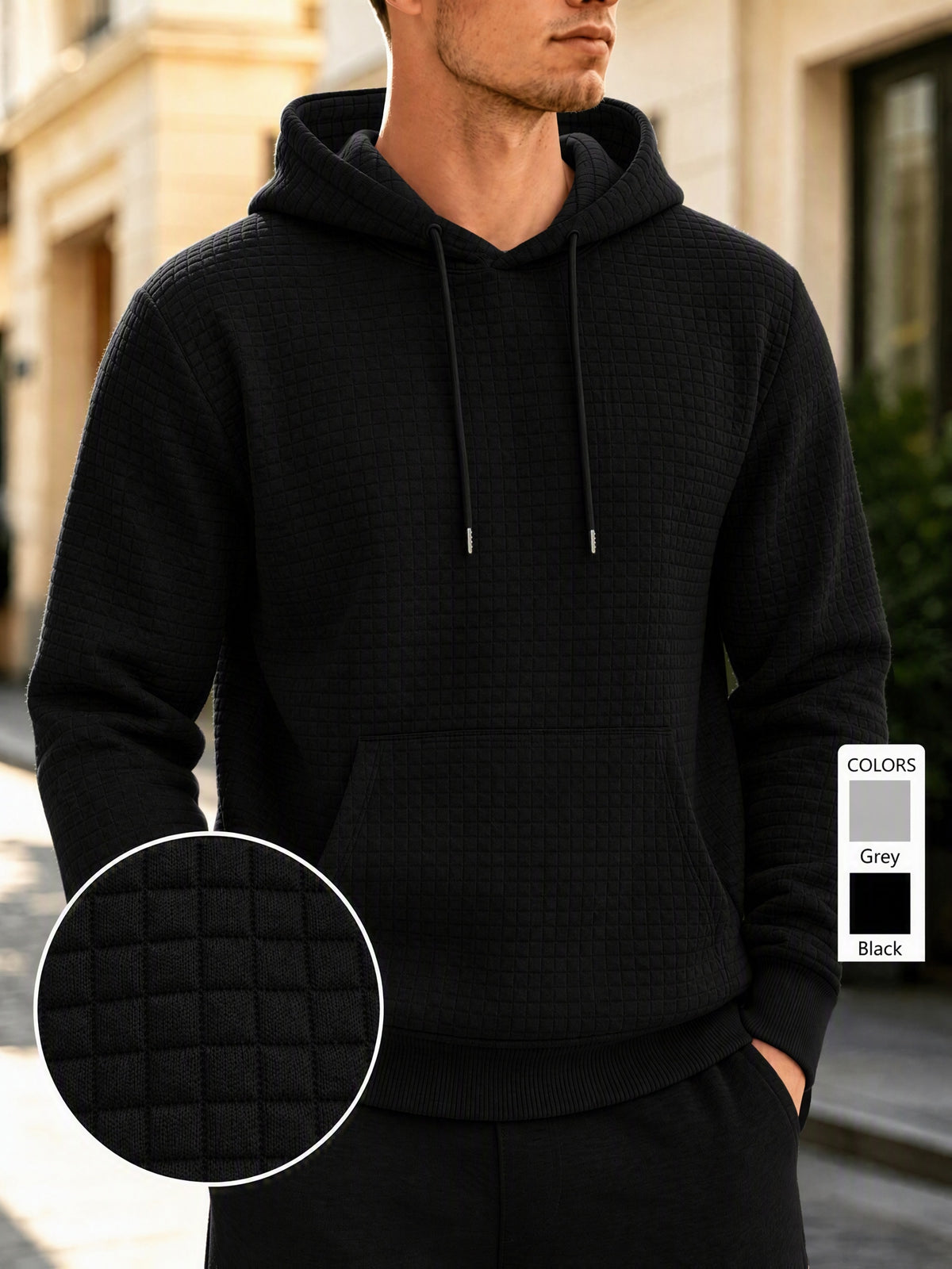 Men's Waffle Knit Hooded Sweatshirt, Spring/Autumn Long-Sleeve Pullover, Textured Checkered Breathable Fabric, Loose Fit with Drawstring Kangaroo Pocket, Casual Commuter Top - Black