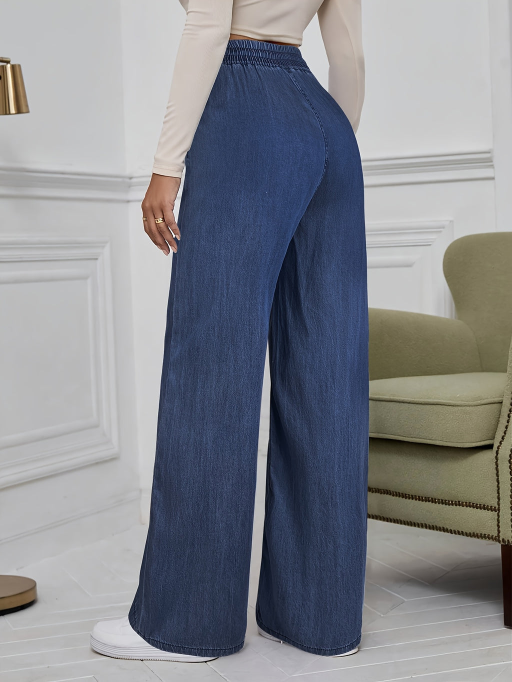 Plain Washed Light Blue Elastic Waistband Loose Fit Wide-leg Imitation Denim Pants, Women's Imitation Denim Pants for Spring and Autumn Weardenim - Deep Blue