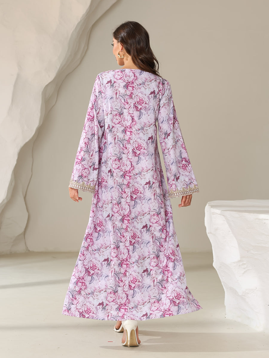 European and American Cross-Border Women's Wear: Middle Eastern Arabic Style Waist-Cinching Long-Sleeve Dress - Pink Color