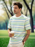 Men's Summer Crew Neck Short Sleeve Mint Green, Blue, and White Striped T-Shirt, Breathable and Comfortable for Daily Casual Wear, Non-Solid Color Patterned Clothing "[Printed Design – Not Textured]" - Mixed colors