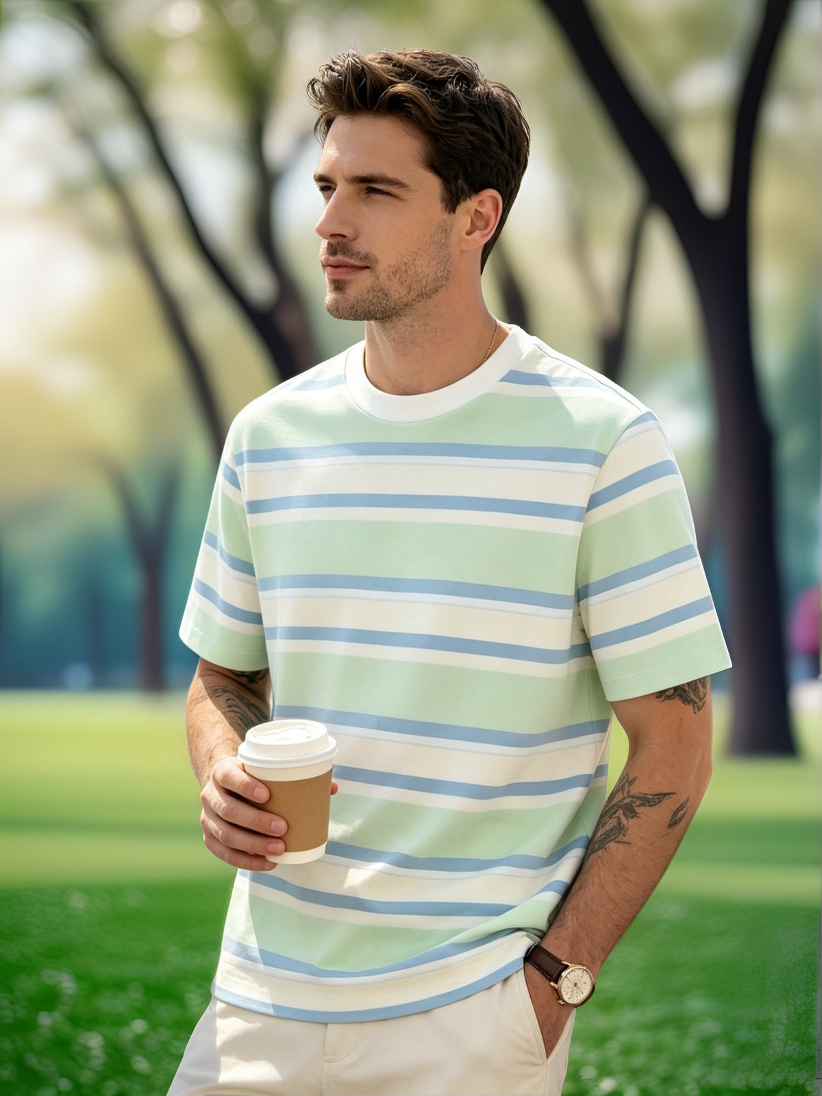 Men's Summer Crew Neck Short Sleeve Mint Green, Blue, and White Striped T-Shirt, Breathable and Comfortable for Daily Casual Wear, Non-Solid Color Patterned Clothing "[Printed Design – Not Textured]" - Mixed colors