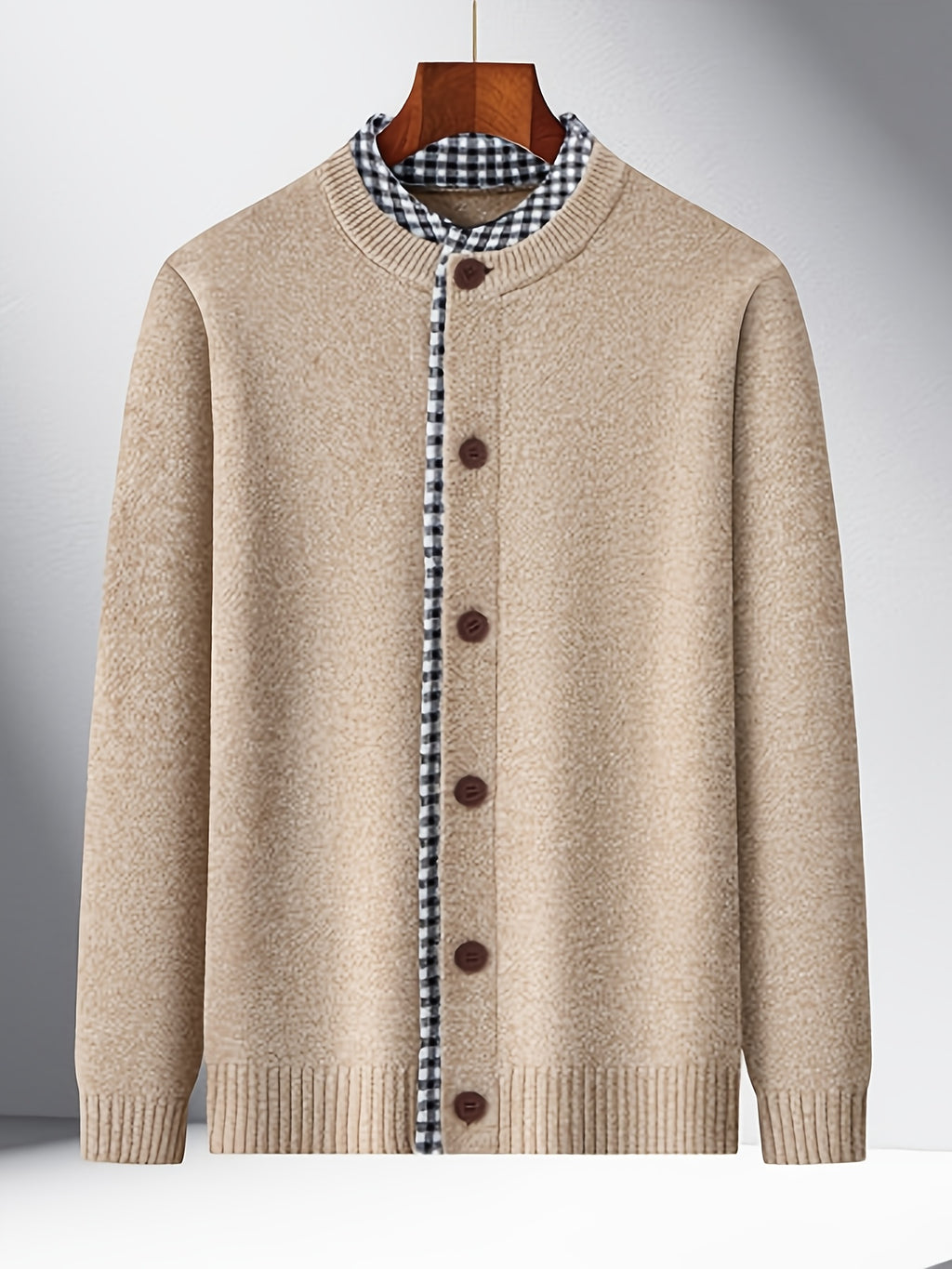Men's Knitted Cardigan with Round Neck, Black and White Checkered Placket, 2-in-1 Look, Single-Breasted, Business Casual, Spring/Autumn Regular Fit for Daily Commuting - Beige Camel