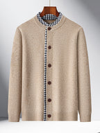 Men's Knitted Cardigan with Round Neck, Black and White Checkered Placket, 2-in-1 Look, Single-Breasted, Business Casual, Spring/Autumn Regular Fit for Daily Commuting - Beige Camel