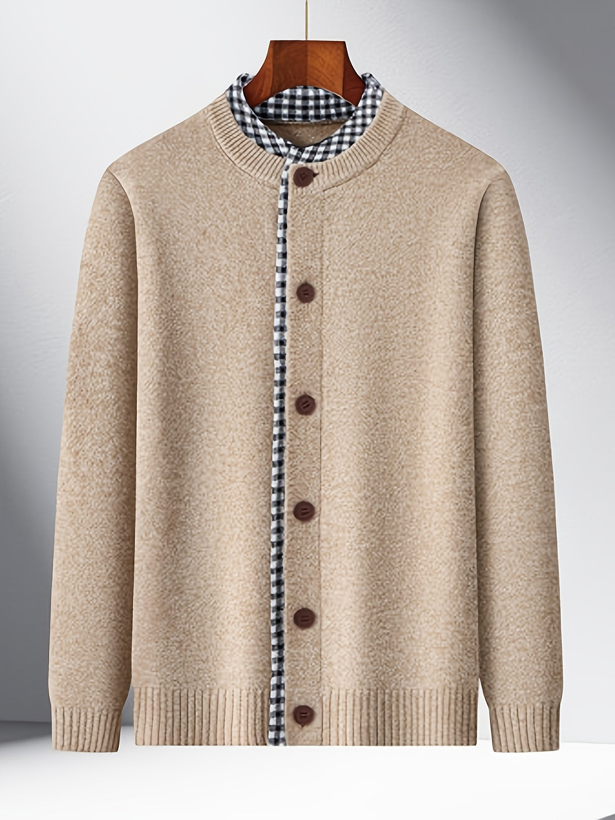 Men's Knitted Cardigan with Round Neck, Black and White Checkered Placket, 2-in-1 Look, Single-Breasted, Business Casual, Spring/Autumn Regular Fit for Daily Commuting - Beige Camel