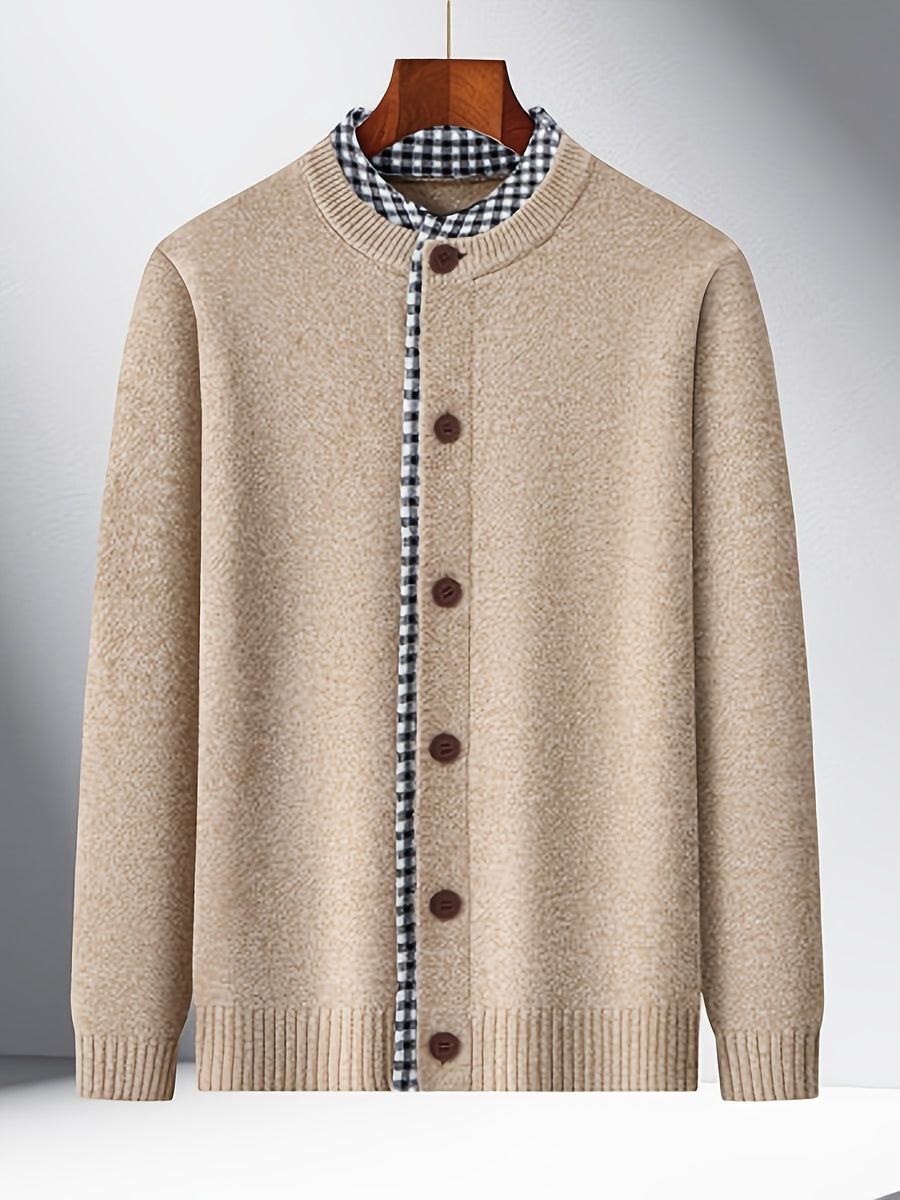 Men's Knitted Cardigan with Round Neck, Black and White Checkered Placket, 2-in-1 Look, Single-Breasted, Business Casual, Spring/Autumn Regular Fit for Daily Commuting - Beige Camel
