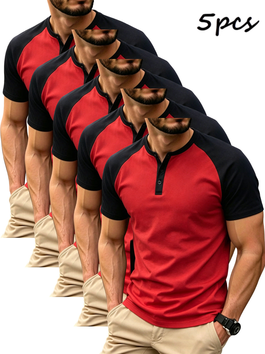 5-Pcs Summer Men'S Short-Sleeve T-Shirt, Raglan Sleeve Henley Shirt, Multi-Color Solid Casual Sports Top, Button-Up Round Neck Shirt - Red