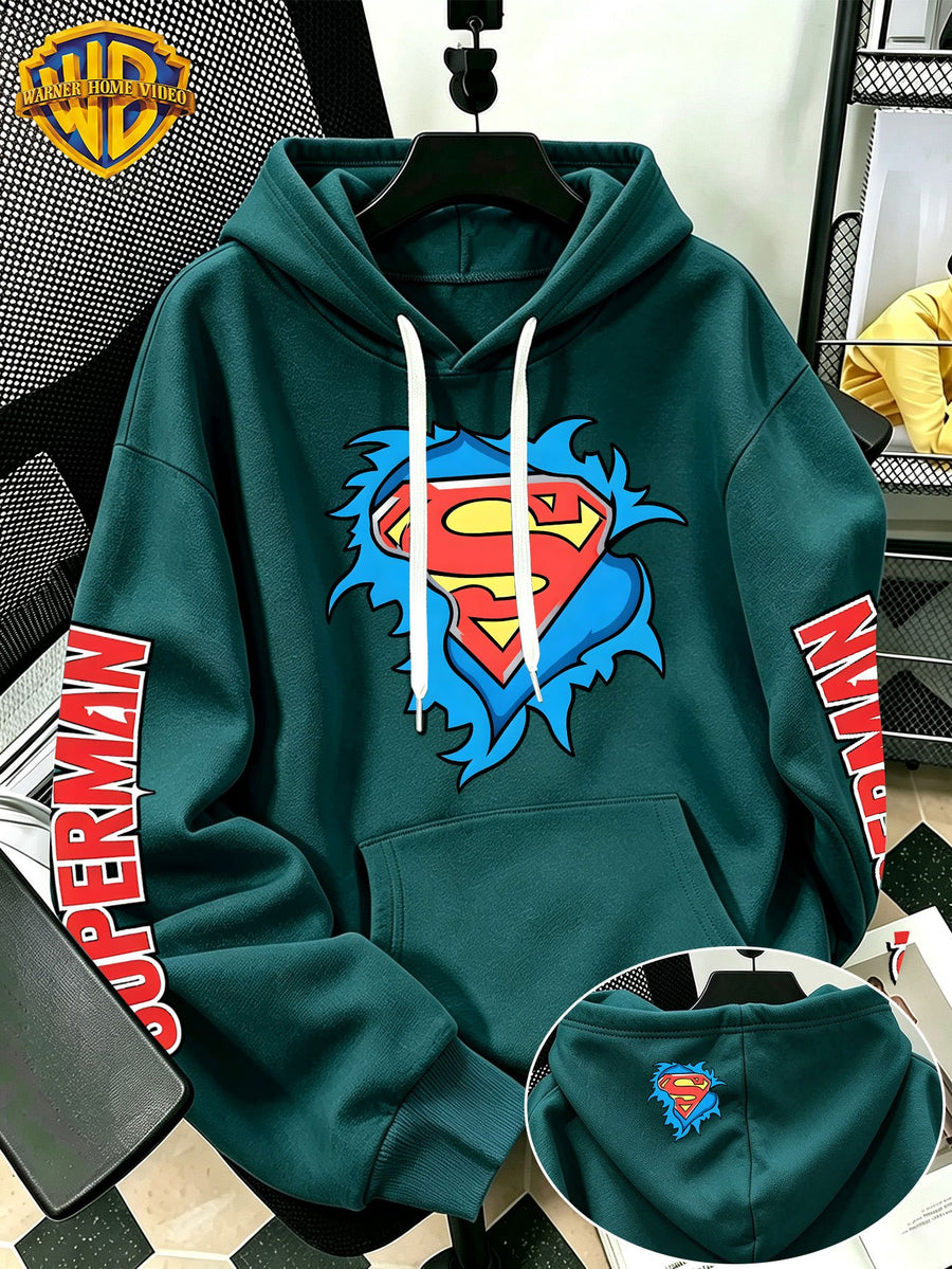 [Warner Bros] Licensed Men'S New Trendy Hoodie DC Superman Ripped Logo Print Casual Hooded Sweatshirt Everyday Drawstring Loose Pullover Machine Washable All-Match Sports Casual Men'S Top - Green