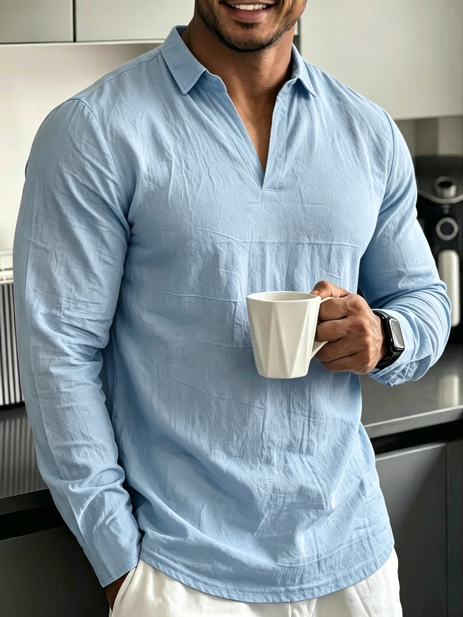2026 Spring Autumn Men'S Casual Solid Color Lapel V-Neck Long Sleeve Men'S Western Casual All-Match Long Sleeve Top - Light Blue