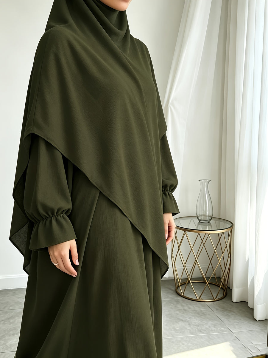 A Khimar + Abaya Prayer Jilbab Suit, a Fashionable and Elegant Vacation Set Featuring a Pure-color, Simple Single-layer Headscarf and a Light, Breathable, Comfortable Horn-sleeve Loose Dress. This Women's Abaya Combination Set Is Ideal for Muslim - Military Green