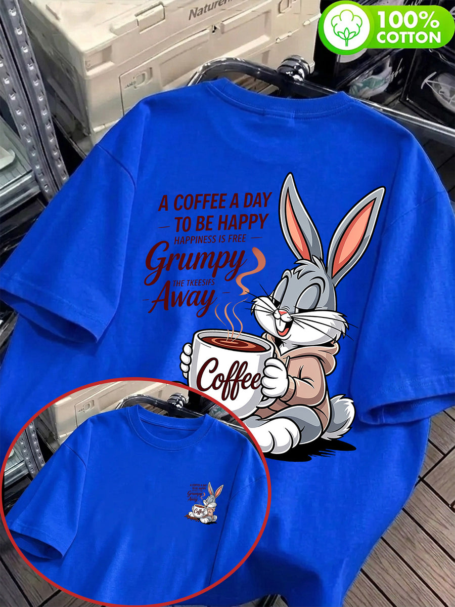 Coffee Healing Rabbit Front And Back Print Men'S T-Shirt, Unisex Fashion Top, Breathable And Sweat-Absorbing, Nontacky Back, Body Shaping, Casual Versatile, Suitable for Commuting, Fitness, Outdoor Activities, Street Style, Beach Vacation - Royal Blue