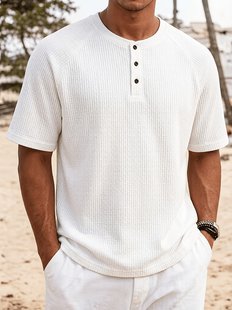 2-pc Men'S Waffle-Knit Henley T-Shirts, 3-Button Crew Neck, Loose Fit Clean Fit Streetwear Summer Short Sleeve Tops - Black+gray