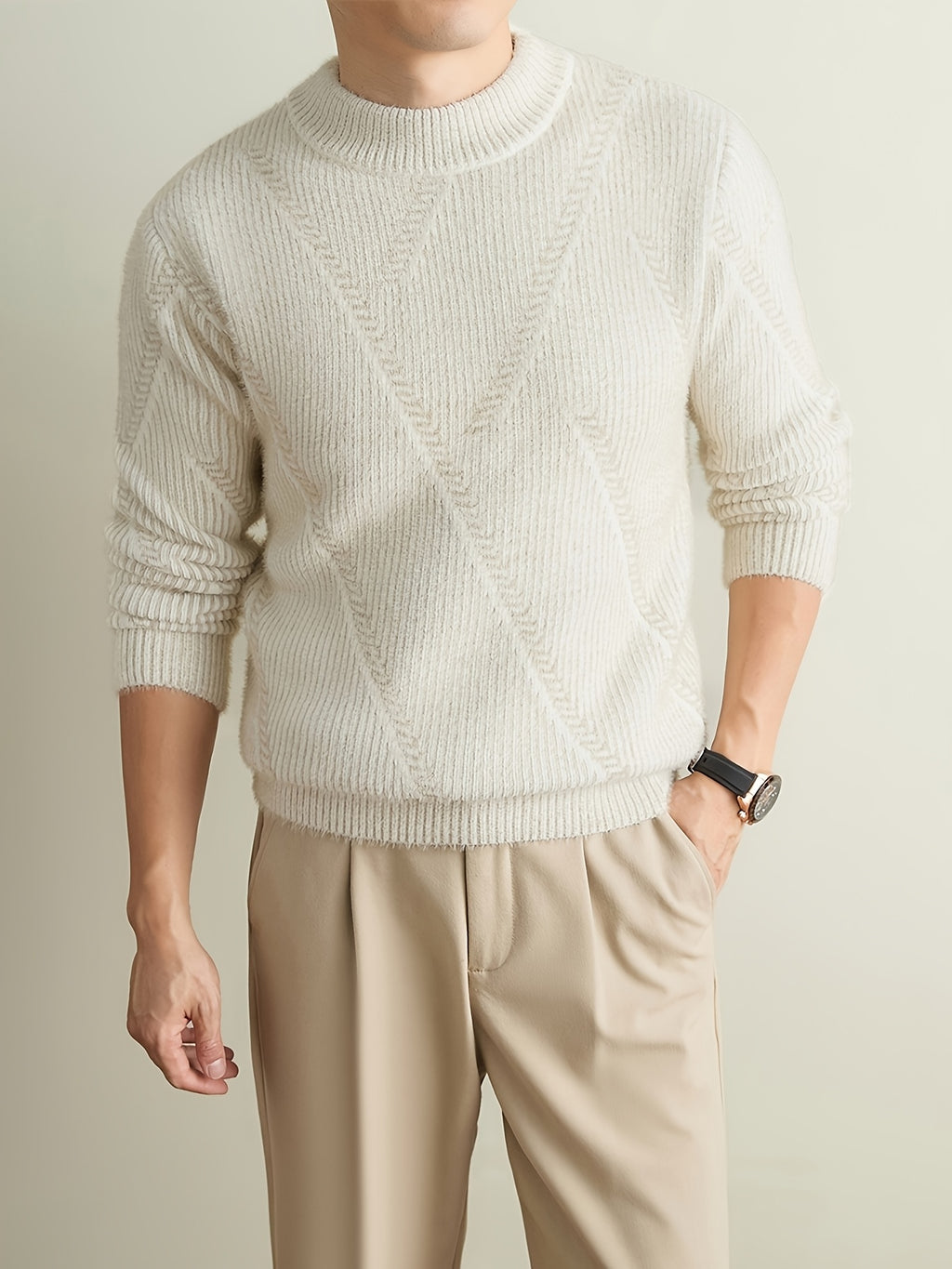Men'S Olive Green Herringbone Knit Crew Neck Sweater, Textured Long Sleeve Pullover with Ribbed Trim, Old Money Fall Winter Top - Apricot