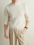 Men'S Olive Green Herringbone Knit Crew Neck Sweater, Textured Long Sleeve Pullover with Ribbed Trim, Old Money Fall Winter Top - Apricot