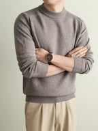 Autumn Winter Knit 3D Solid Round Neck Sweater, Basic Knit Pullover Top for Men, Fashionable Long Sleeve Sweater, Size Y - Camel