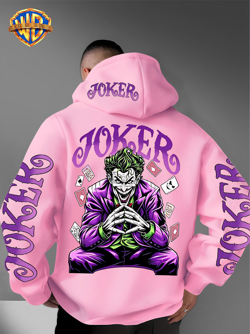 Warner Bros. Fashion Poker Joker Print, Hat Design Pattern, Multi-functional Street Style Men's Hooded Sweatshirt, Comfortable and Casual, Suitable for Autumn and Winter Wear - Pink Color