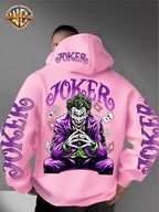 Warner Bros. Fashion Poker Joker Print, Hat Design Pattern, Multi-functional Street Style Men's Hooded Sweatshirt, Comfortable and Casual, Suitable for Autumn and Winter Wear - Pink Color