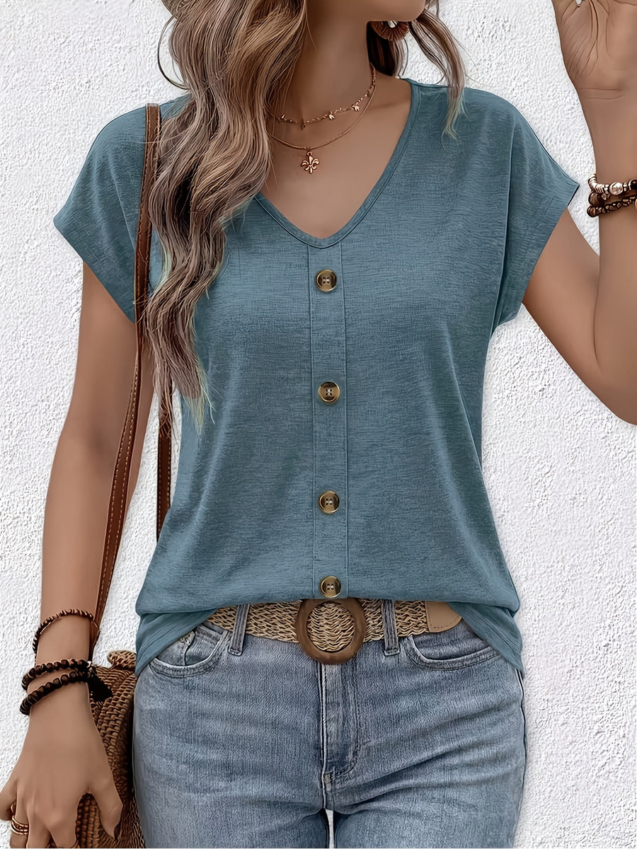 New Summer Women's V-Neck Fake Button Covered Sleeve T-Shirt, Solid Color Casual Top, Machine Washable - Suitable for Daily and Home Wear - Deep Blue