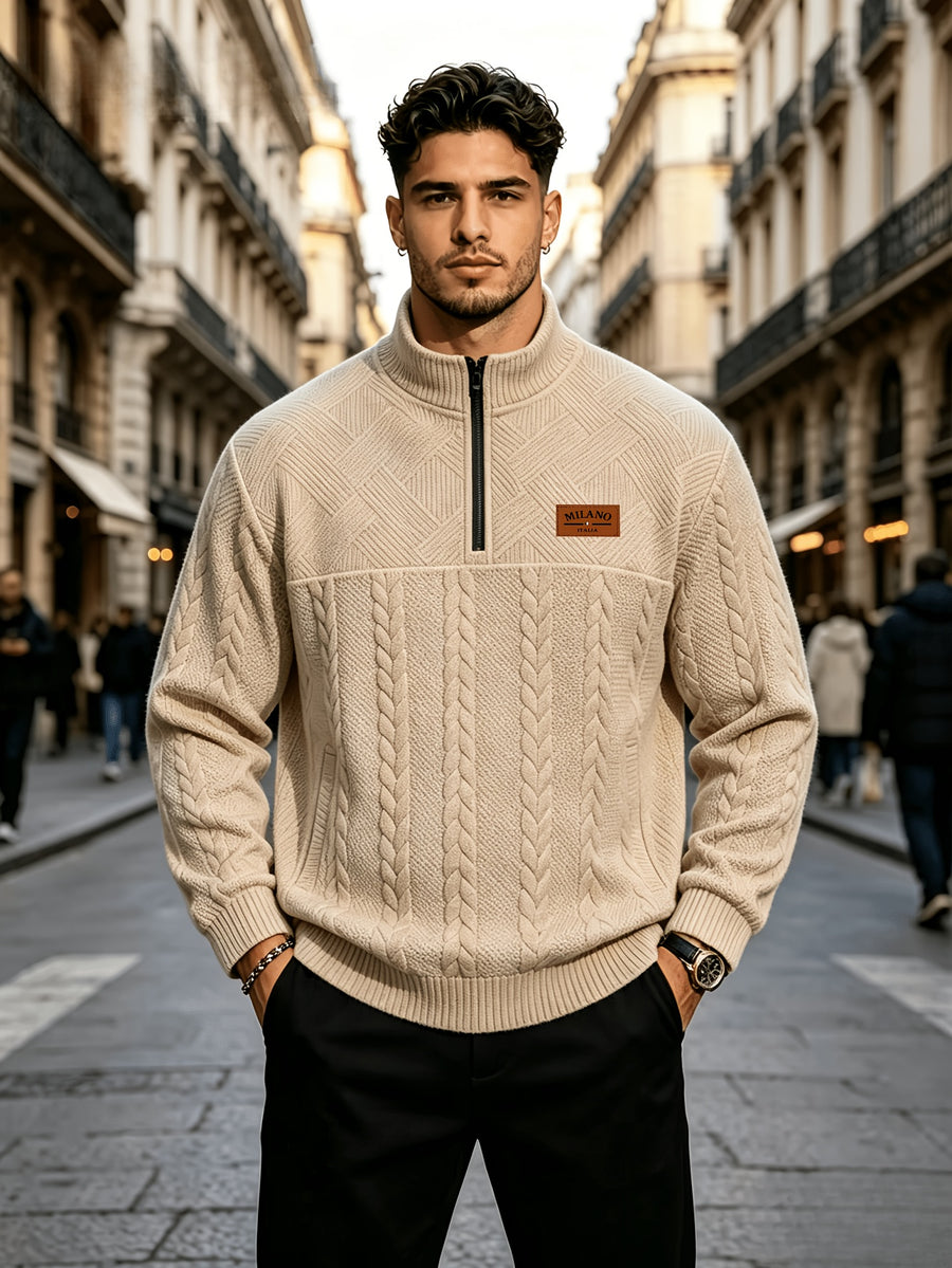 Whale Crossing OBM Men's Spring, Autumn, Winter Classic Fashion Italian Milanese Label Knitted Cable Knit Stand Collar Sweatshirt - Khaki