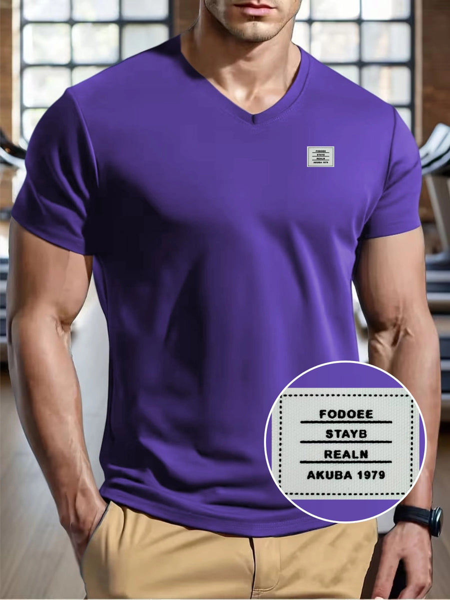 180G100C Men'S V-Neck Solid Color Short Sleeve Shirt, Placement Left Chest Patch "FODOEE" Summer Global Seasons Base Layer Factory Made Men'S Man Comfortable High Quality High - Purple