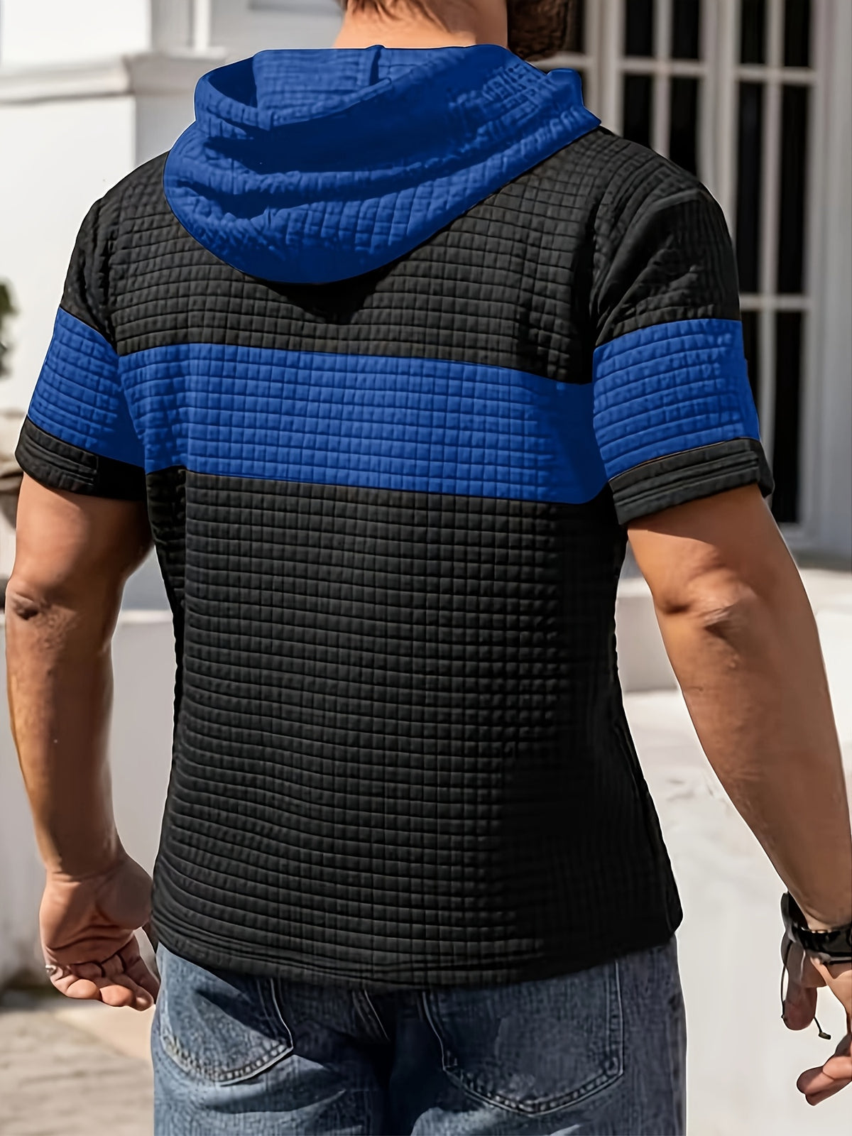 Men'S Summer Essential Hooded Short Sleeve T-Shirt, Casual Loose Fit, Breathable And Wrinkle-Resistant Fabric, Durable And Non-Deformable, Drawstring Hood Design, Arched Hem for Body Shaping, Statement Color Block for Trendy Appeal - Bright Blue