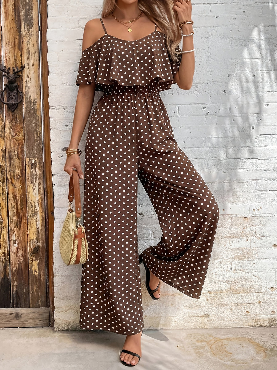 Women's Polka Dot Print Ruffle Hem Waist-Cinching Loose Jumpsuit - Mixed colors