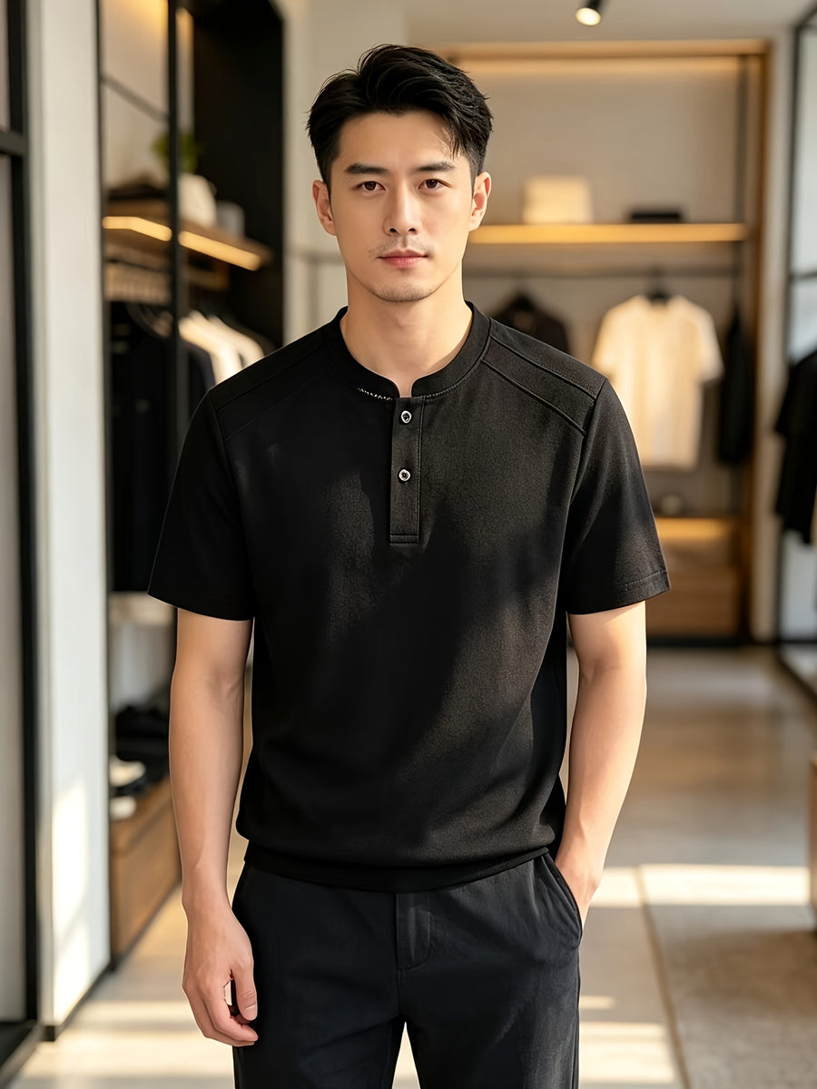 Men'S Solid Black Split Shoulder Mandarin Henley Collar Short Sleeve Top, Summer Office Daily Commute Golf City Street Outfit, Stretch Wrinkle Resistant Cooling Breathable 2-Button Tee, Middle-Aged Gentleman Business Casual Outfit, Minimalist Stand - Black