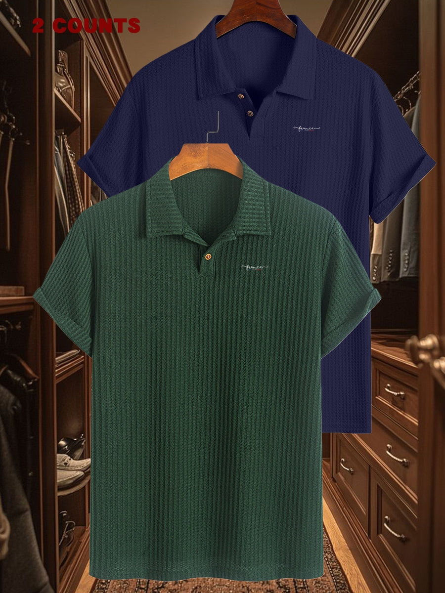 2pcs Set Summer Men'S Textured Jacquard Short Sleeve POLO Shirts | Casual Comfortable Soft Knit Lapel Collar, Geometric Pattern, Button Details - Dark Green + Navy Blue