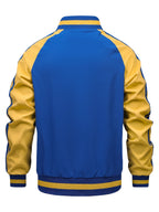 Men's Spring/Autumn Color-Block Striped Lightweight Jacket with Mesh Lining, Casual Outerwear, Outdoor Sports Baseball Jacket, Raglan Sleeve Design, Cropped Style - Klein Blue with Yellow