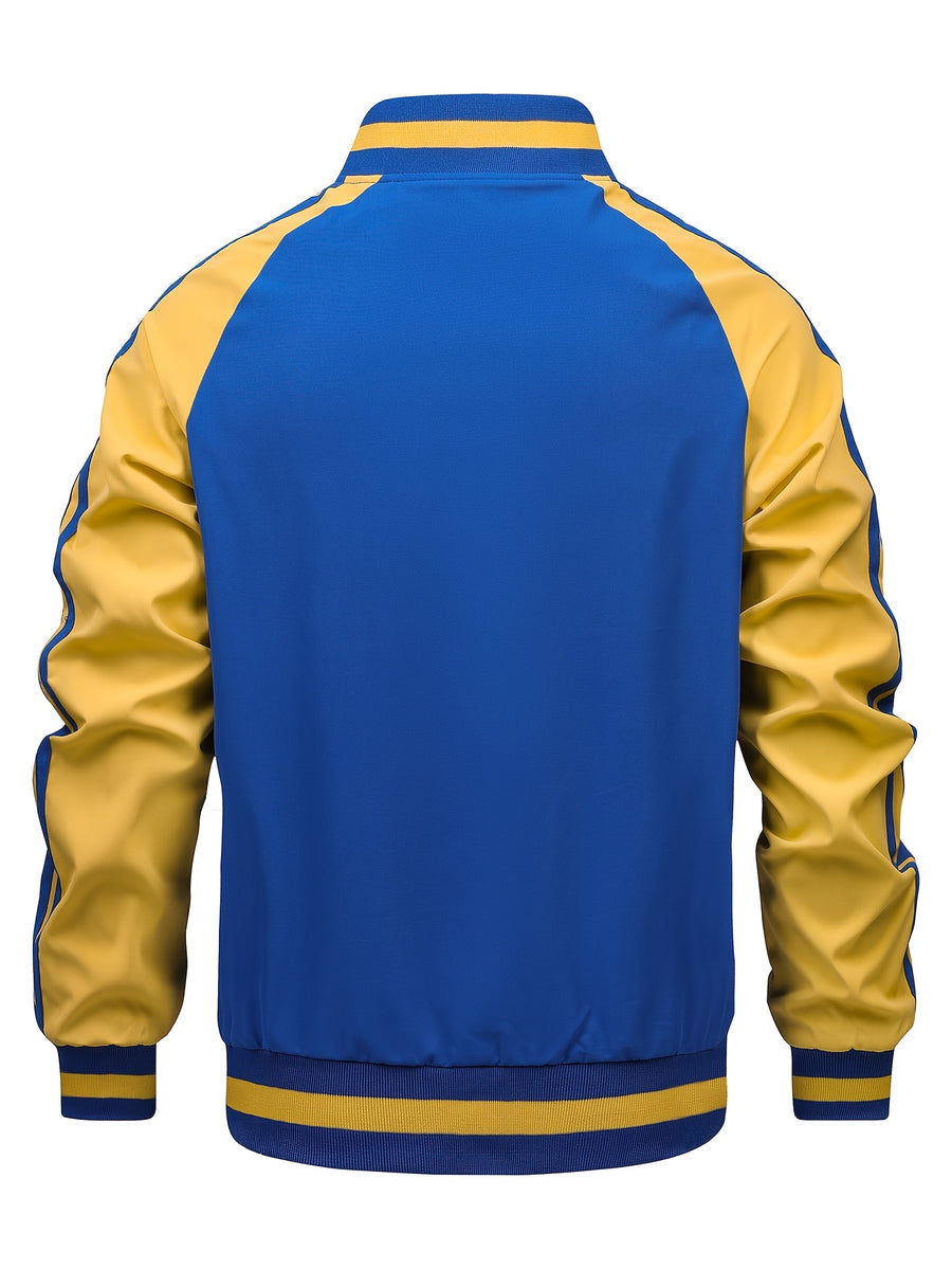 Men's Spring/Autumn Color-Block Striped Lightweight Jacket with Mesh Lining, Casual Outerwear, Outdoor Sports Baseball Jacket, Raglan Sleeve Design, Cropped Style - Klein Blue with Yellow