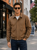 Men's Lapel Collar Bomber Jacket, Zip-Up Snap Button Outerwear with Flap Pockets for Spring Fall Retro Daily Wear - Khaki