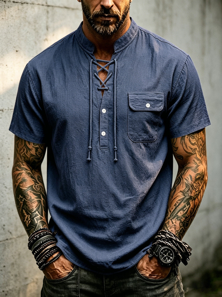 Men's Vintage Medieval Henley Shirt - Short Sleeve Mandarin Collar Cross Drawstring Blouse | Loose Fit Linen Look Top | Suitable for Casual Vacation, Outdoor & Casual Attire, Multi-Color Options - Navy Blue