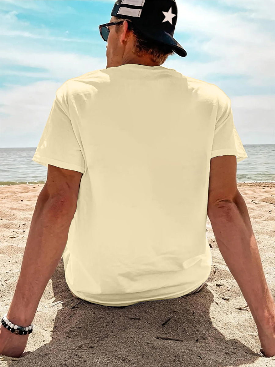 Pixel Art Style Coffee Time Men's Pure Cotton T-Shirt, "CO:FF:EE TIME" Letter Print, Features a Simple Everyday Vibe, Breathable and Skin-Friendly for No Sweaty Feel, High Elasticity with No Deformation, Versatile Crew Neck Fit for a Slimming Look - Apricot