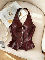Casual Women'S Vest, Wine Red Vest with Metal Decorative Buckle, Unlined, Halter Top Vest, Women'S Navel Bare Vest, Y2K - Burgundy