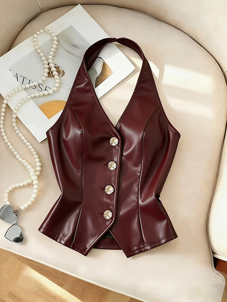 Casual Women'S Vest, Wine Red Vest with Metal Decorative Buckle, Unlined, Halter Top Vest, Women'S Navel Bare Vest, Y2K - Burgundy