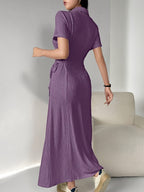ZD1224212 —— ZD010806 Women's Letter Patchwork Floral Puff Sleeve Midi Dress with Belt and Wrap Hem - Purple