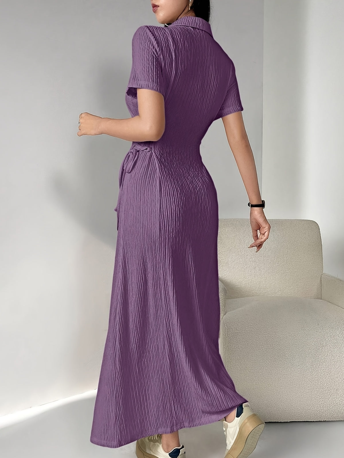ZD1224212 —— ZD010806 Women's Letter Patchwork Floral Puff Sleeve Midi Dress with Belt and Wrap Hem - Purple
