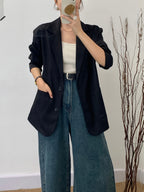 A new stylish Women's Korean-style autumn and winter single-layer suit jacket, loose thin suit with pockets, elegant and versatile, suitable for both casual and commuting wear. [No lining, looks good on those weighing less than 65 kilograms] - Black