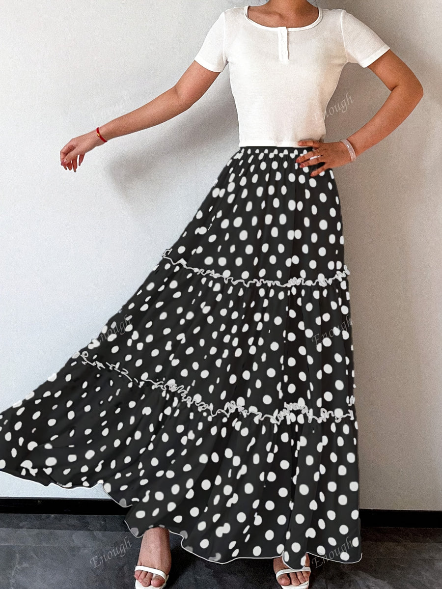 Women's Elegant Special Line High-Waisted Maxi Skirt with Dot Print & Pleated - Full-Length Loose -Line Skirt, Machine Washable for Weddings, Parties, - Year-Round Wear (Non-Stretch) - Black