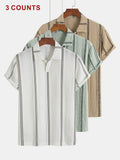 Men'S 3-pc Textured Striped Polo Shirts, Short Sleeve Casual Tops for Golf Beach Summer Daily Wear - White+Green+Khaki