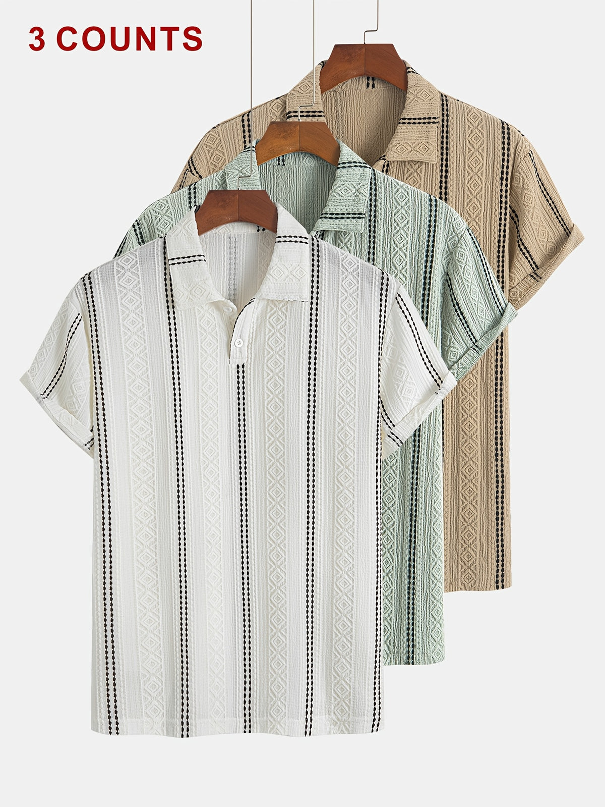 Men'S 3-pc Textured Striped Polo Shirts, Short Sleeve Casual Tops for Golf Beach Summer Daily Wear - White+Green+Khaki