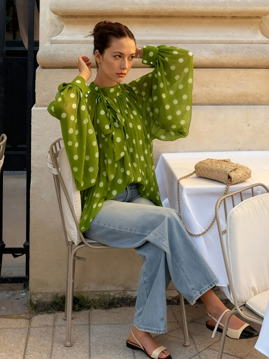 Fashionable Spring/Summer Elegant Casual Semi-Sheer Polka Dot Pattern Shirt Bow Tie Collar Lantern Sleeve Loose Fit Women'S Shirt - Olive Green