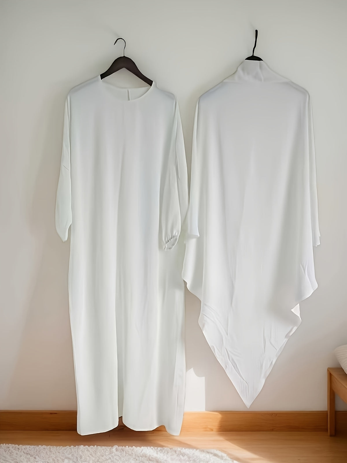 Two-Pieces Set (Khimar And Abaya) Prayer Jilbab Outfit for Muslim Women, Stylish And Elegant, Features a Solid Color, Easy Single-Layer Headscarf Khimar. Ideal for Everyday Wear, Festivals, Gatherings, And Outdoor Events. Women'S Islamic - White