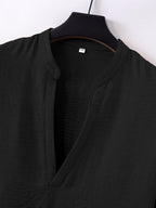 Men's Stand-Up V-Neck Half-Open Placket Linen Long-Sleeve Shirt, Solid Color Basic Style, Suitable for Beach Vacations, Daily Outings, and Casual Gatherings, Can Be Worn Alone or as an Inner Shirt - Black