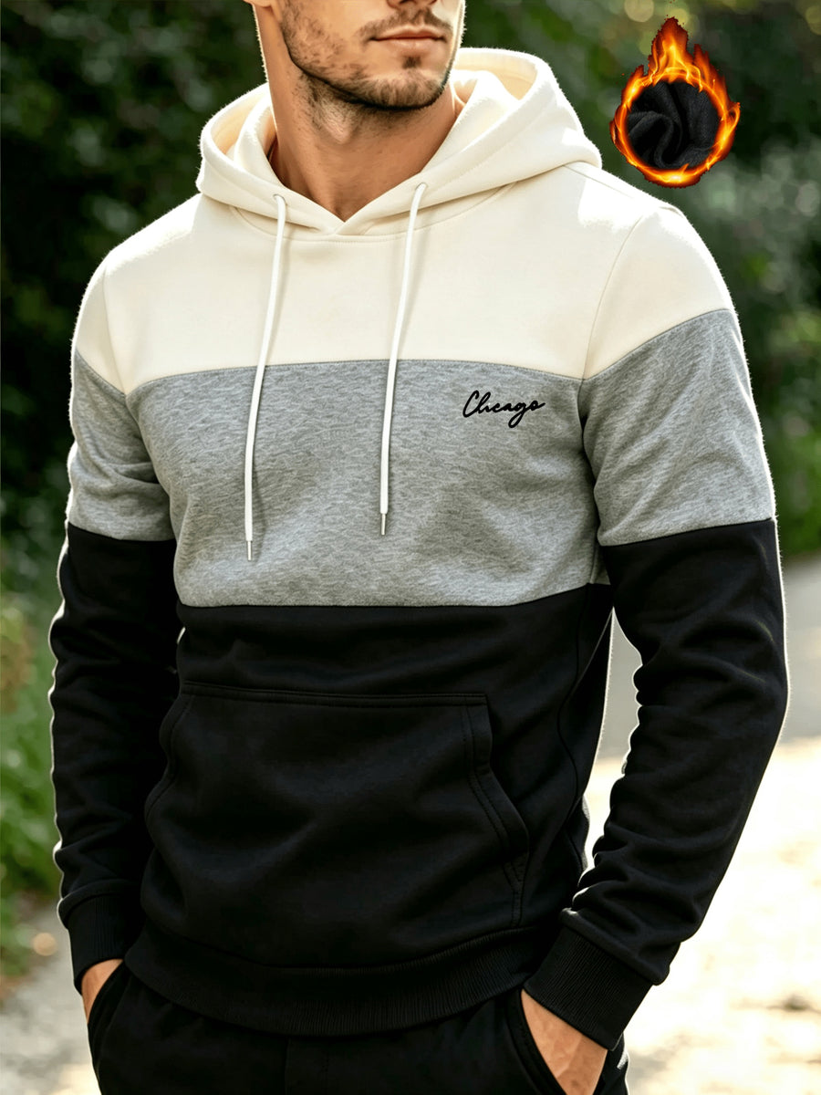 [Shule Shui OBM] "Men's Fashion Sweatshirt" New High-Quality Men's Sweatshirt, Soft and Skin-Friendly, Durable and Retains Shape, Three-Color Patchwork for Stylish Daily Sports and Leisure, Trendy and Versatile, Simple Printed Hooded Sweatshirt - Beige gray black