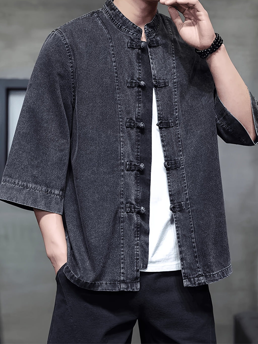 New Chinese Retro Button-Up Denim Jacket Men'S Summer Tang Suit National Style Loose Plus Size 3/4 Sleeve Tea Dress Trendy - Black