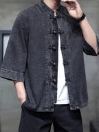 New Chinese Retro Button-Up Denim Jacket Men'S Summer Tang Suit National Style Loose Plus Size 3/4 Sleeve Tea Dress Trendy - Black