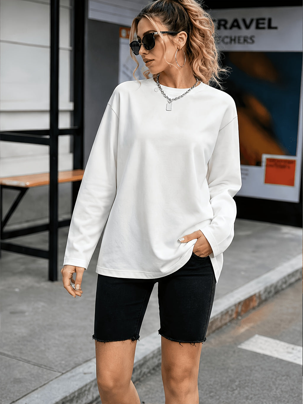2pcs Women's Y2K Oversized Round Neck T-Shirts - Soft Loose Fit Solid Color Basic, Medium Stretch Suitable for Daily Commuting, Layering & Streetwear, Machine Washable Spring/Autumn Wardrobe - Black + White