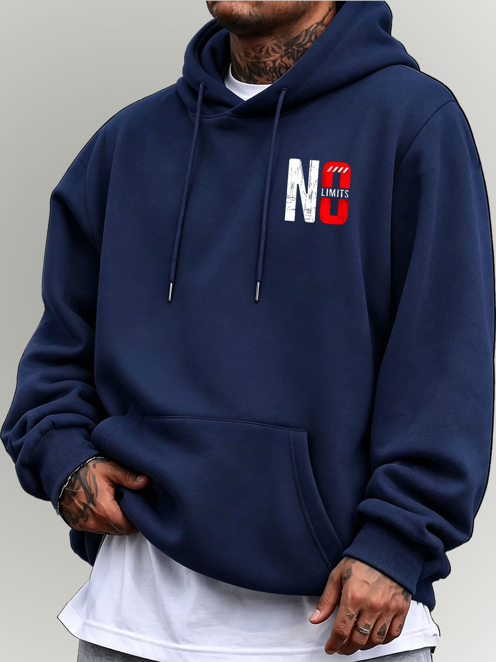 Men's Oversized Hooded Sweatshirt with NO Contrast Color Bold Letter Print, European and American Street Style Casual Sweatshirt - Navy Color
